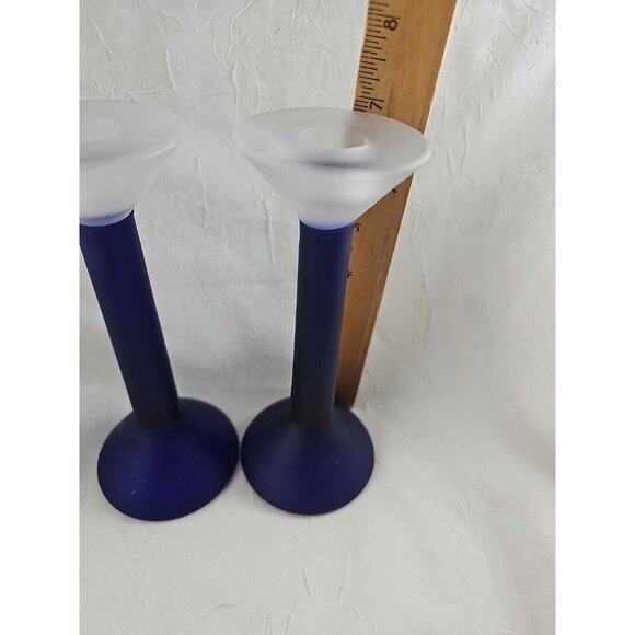 Frosted Cobalt Blue Candlesticks 7in vtg satin glass hourglass colorblock 2pc - Picture 9 of 12